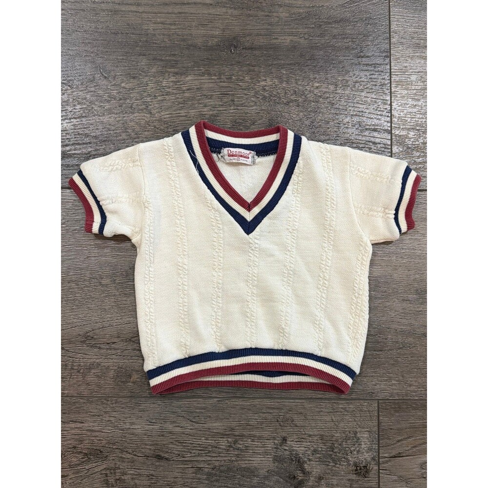 Vintage 70s Donmoor Toddler 2 V-Neck Cable Knit Sweater Cream Navy Maroon USA